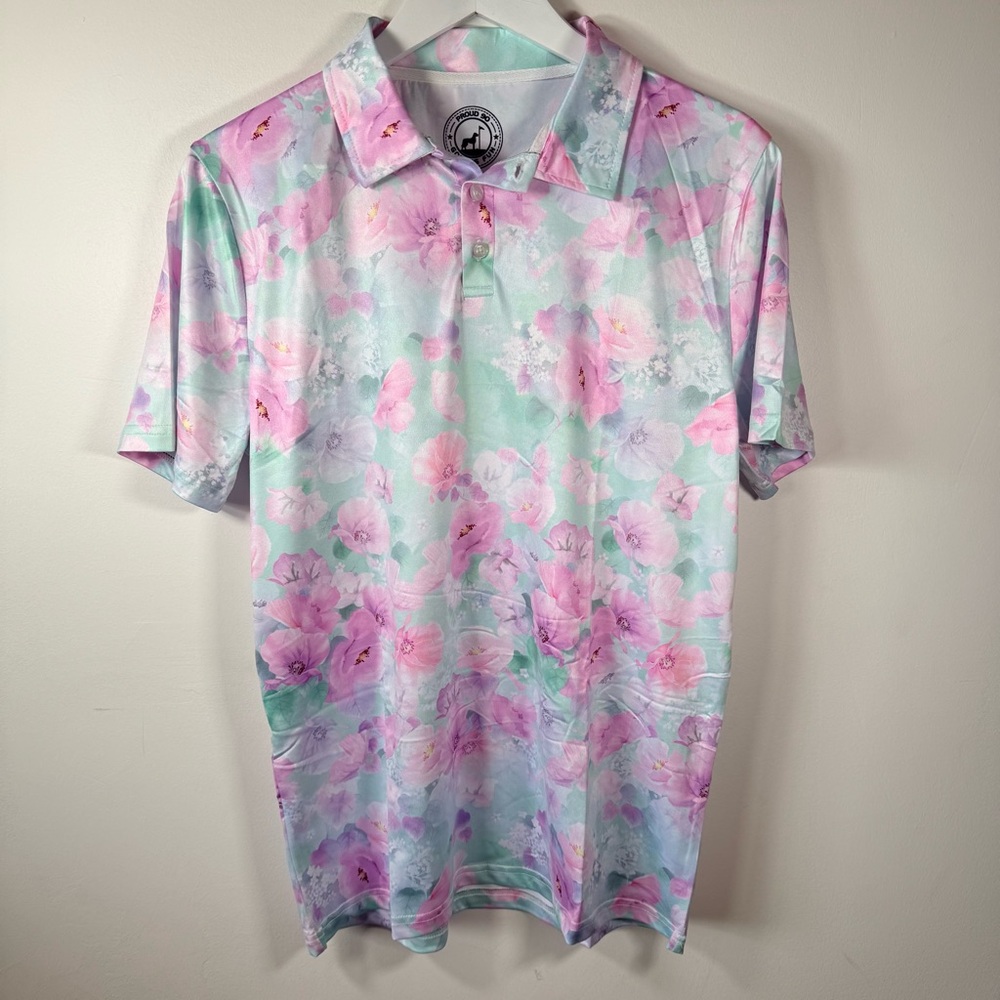 Proud 90 Golf Fun Pastel Floral Polo Shirt Men’s Small – Pink Purple Mint